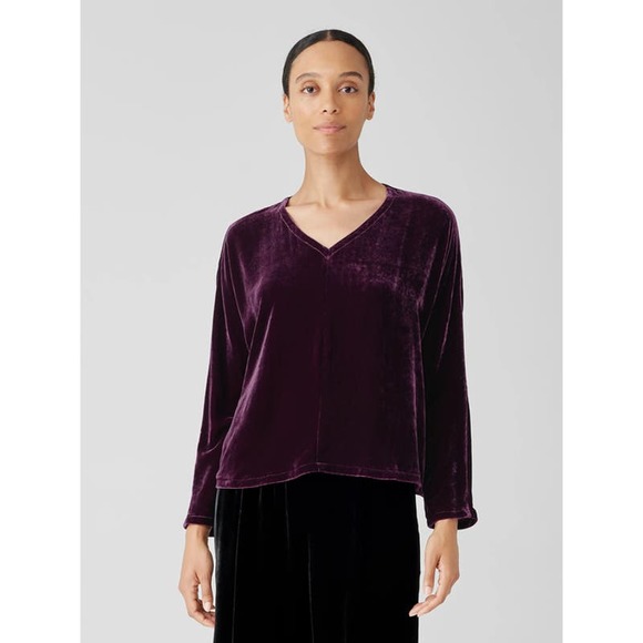Eileen Fisher Silk Blend Velvet V-Neck Top Boxy Fit Long Sleeves Size XL NWOT